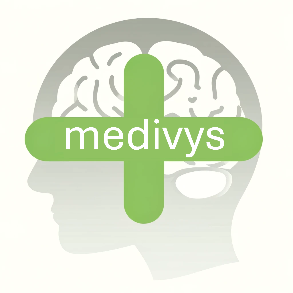 Medivys icon.  A drawing of a head with a brain and a green cross in front with the work Medivys  writtien horizontally.